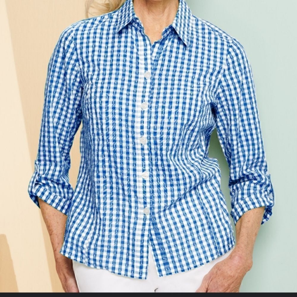 Drapers & Damon's women's blue and white gingham 3/4 sleeve shirt size large